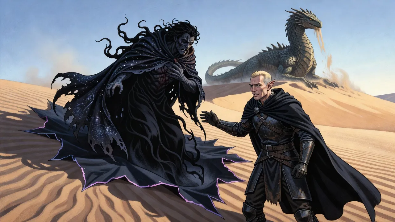 A god wrapped in darkness tumbles out of a fold in the air, doubled over in pain, as an elf reaches toward him and a great lizard lifts its head behind them.