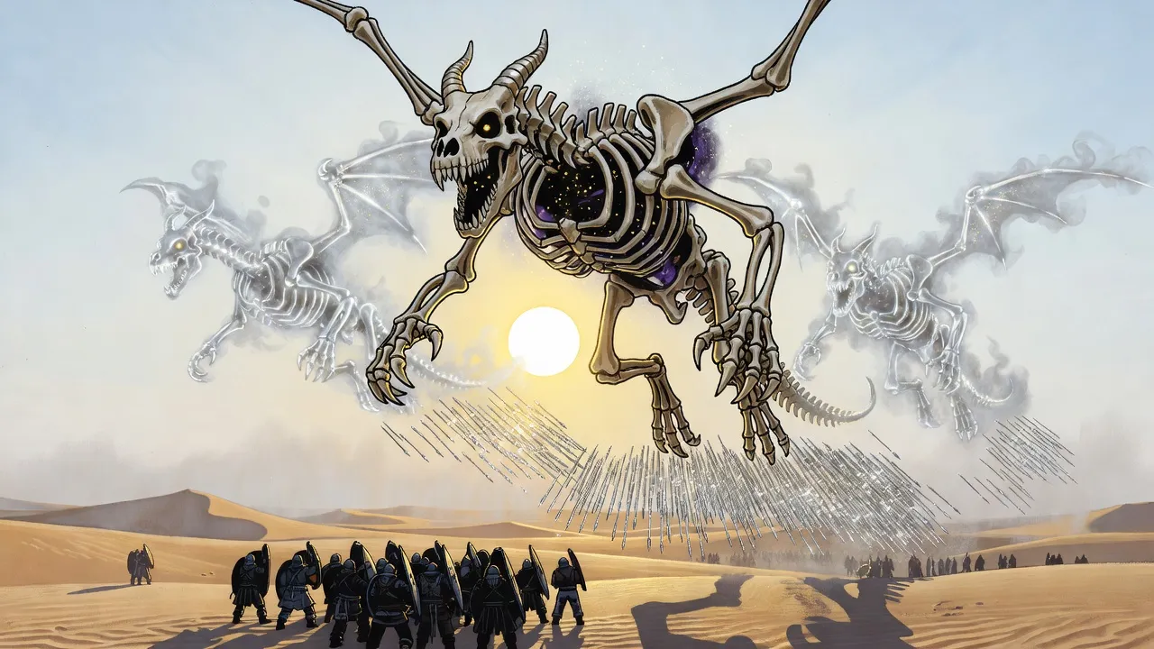 A dragon made of bones and two silvery ghost-dragons dive out of the sun as a glittering rain of steel darts falls on an army in the dunes.