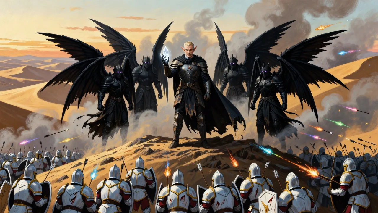 An elf holds up a glowing crystal on a trampled hilltop as dark six-winged angels rise around him in a ring against a charging crowd.