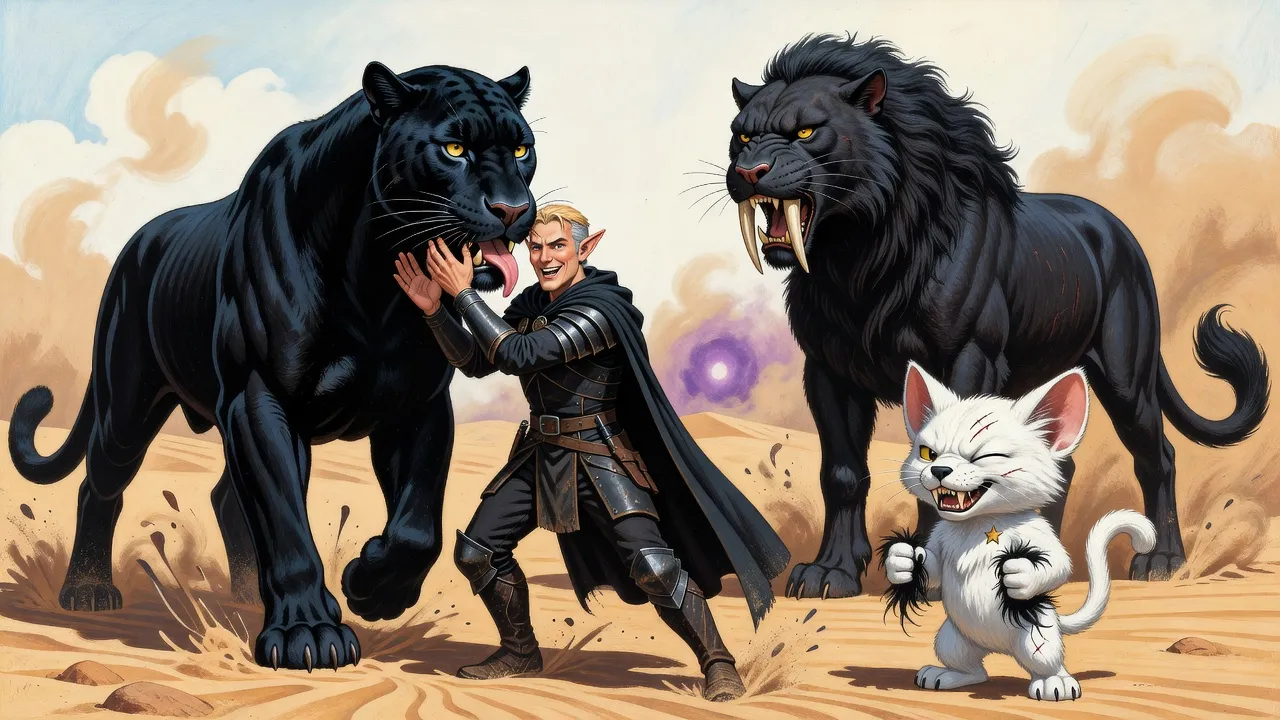 A huge black panther presses her head to a laughing elf’s chest and licks his face while a giant maned sabre-toothed cat and a small white big-eared creature look on.
