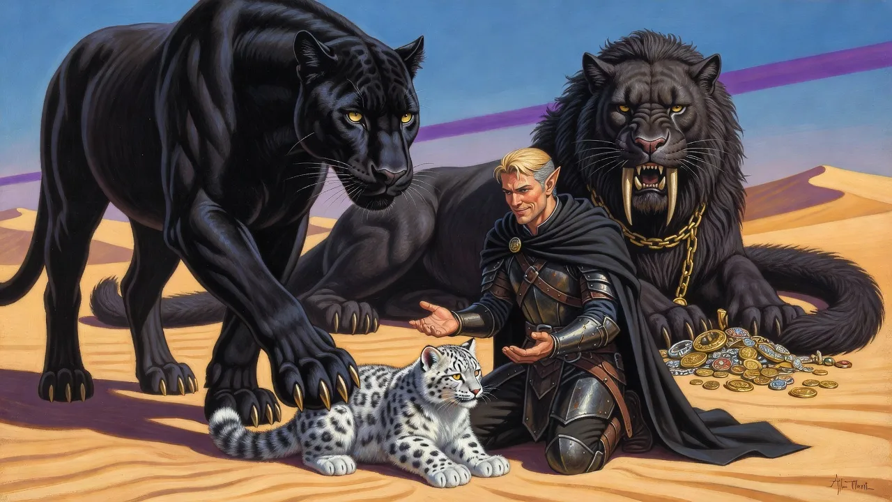 In the morning sun a huge black panther with golden claws nudges a spotted snow-leopard kitten toward a kneeling elf, while a sabre-toothed cat wearing a gold chain rests behind.