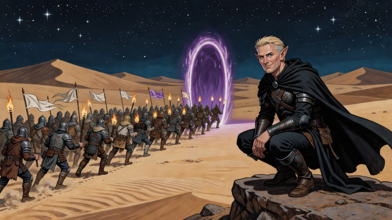 At night a column of soldiers with torches sweeps past a lone glowing arch in the desert while a few push to peer inside, watched by an elf from a rocky rise.