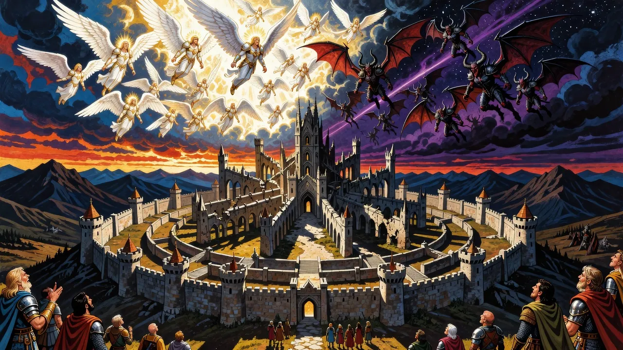 A vast ruined fortress-temple stands under a sky split between white-gold and violet-black, where winged angels and devils collide above its towers.