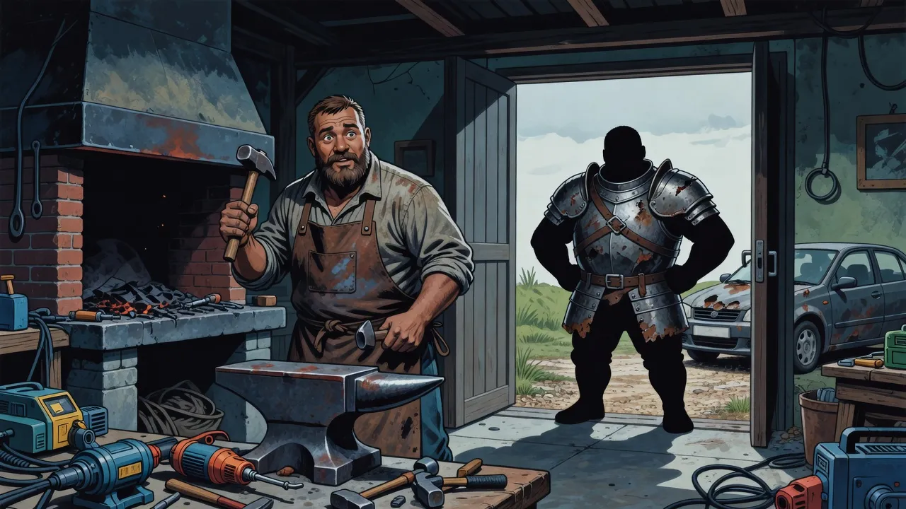 In a grey modern smithy a sweating blacksmith pauses at his anvil as a short, broad stranger in old armour, dark against the daylight, stands in the doorway.