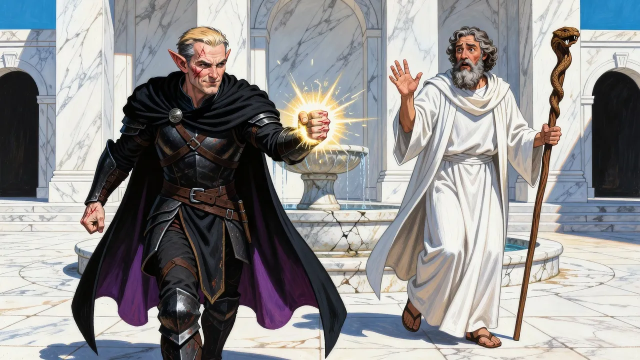 A scarred elf in black armour strides furiously up to a startled healer-god in white robes, golden light blazing between the fingers of his raised fist.