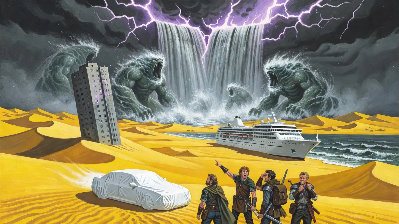 A sky torn open over yellow dunes pours a grey sea onto the sand beside a leaning concrete apartment block and a beached cruise liner.