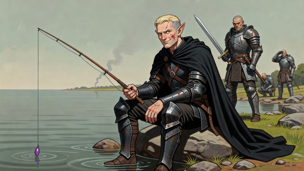 A scarred elf sits fishing on a rock by calm water while a grim, battle-stained mercenary stands guard behind him with a drawn sword.