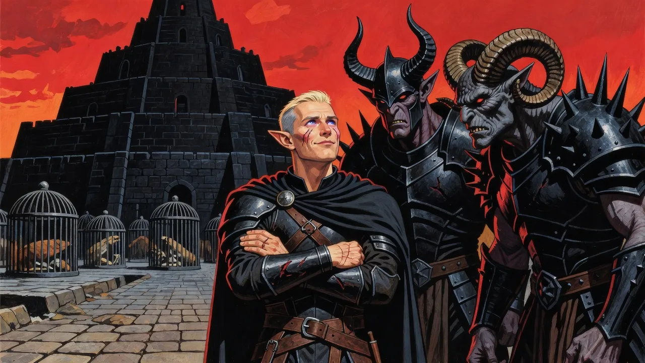 Before a black stepped ziggurat in a stone courtyard, a scarred elf with folded arms faces two towering horned demons who look down at him uneasily.