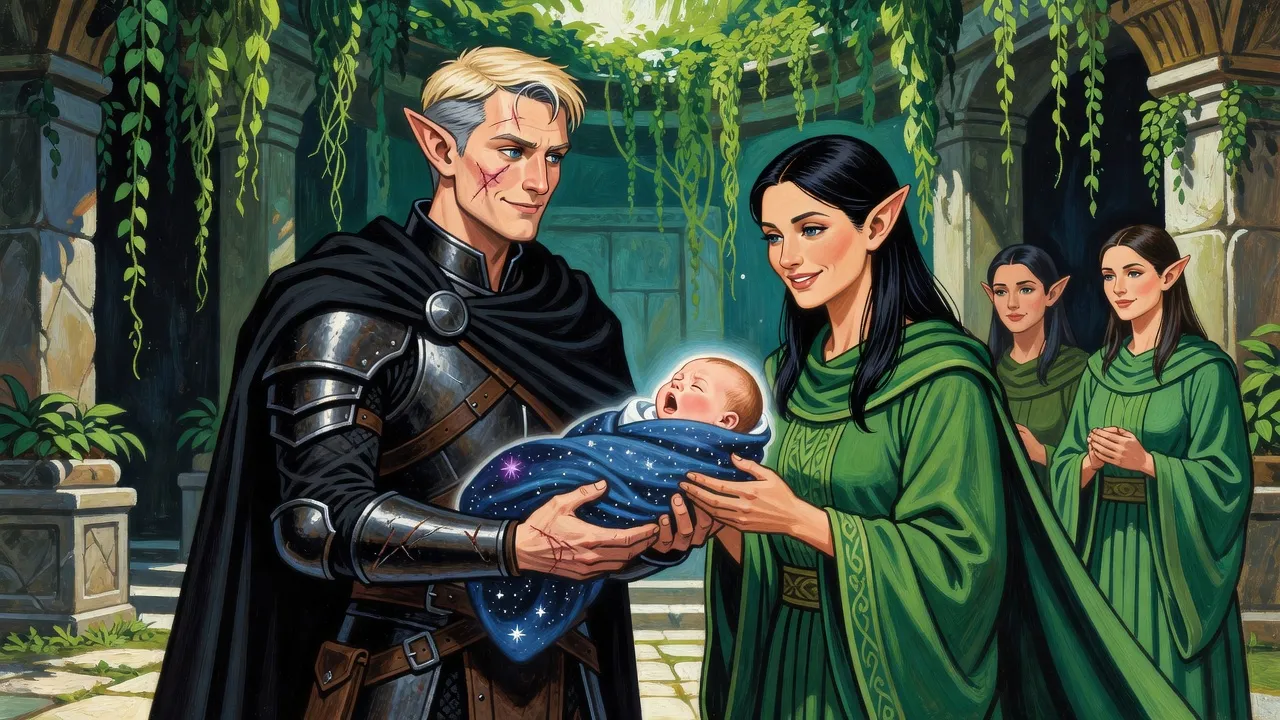 A scarred elf holds a wailing baby in a starry blanket out at arm’s length as a dark-haired priestess in green reaches calmly to take it.