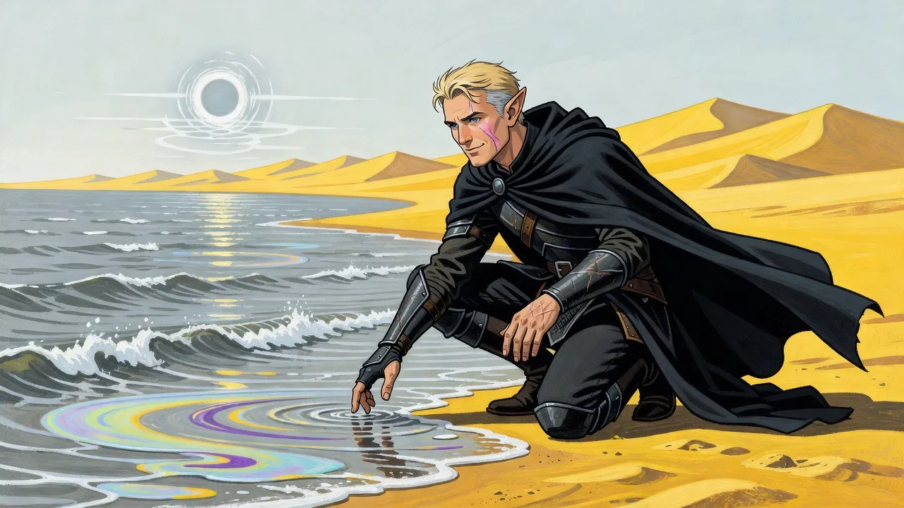 A scarred elf crouches at the edge of a grey sea beside desert dunes, staring at rainbow slicks of oil on the waves.