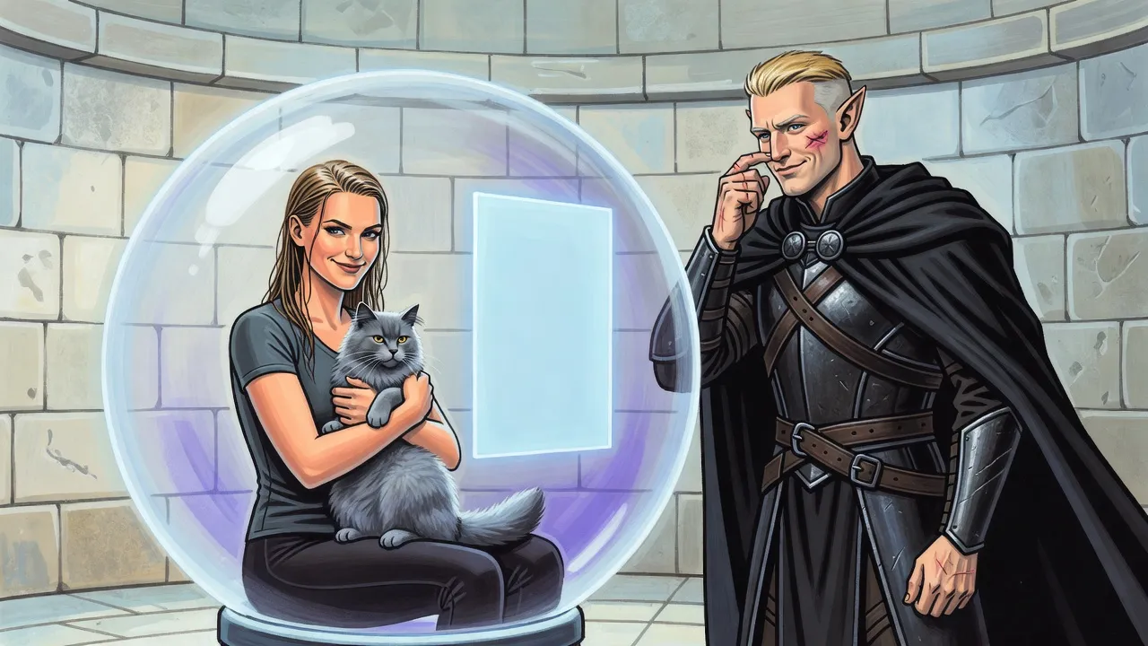 A young woman in a sports top sits unbothered inside a glowing crystal sphere hugging a grey cat, while a scarred elf outside touches his burned cheek.