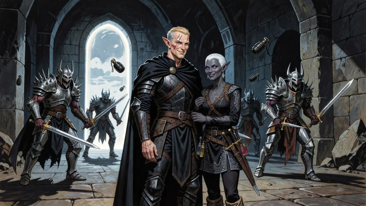 In a concrete gallery lit by a glowing arch, a drow woman grips the arm of a scarred elf as silver-armoured demons advance and grenades tumble through the air.