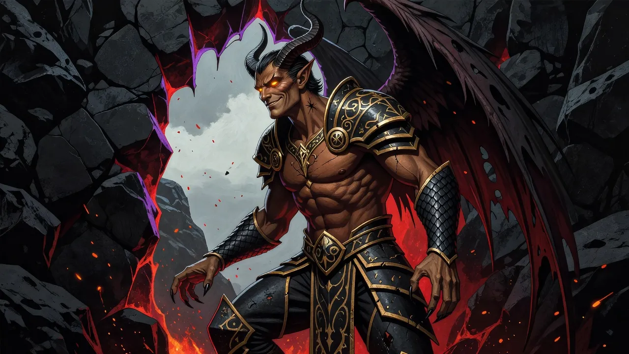 A gaunt winged demon lord steps into a fiery portal in black rock, looking back over his shoulder with a thin smile, cold grey daylight beyond.