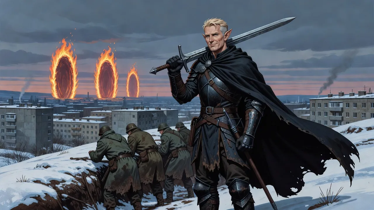 An elf knight in black armour with a huge two-handed sword stands on a snowy rise above a grey Russian town at dusk, demon portal arches glowing orange on the horizon.