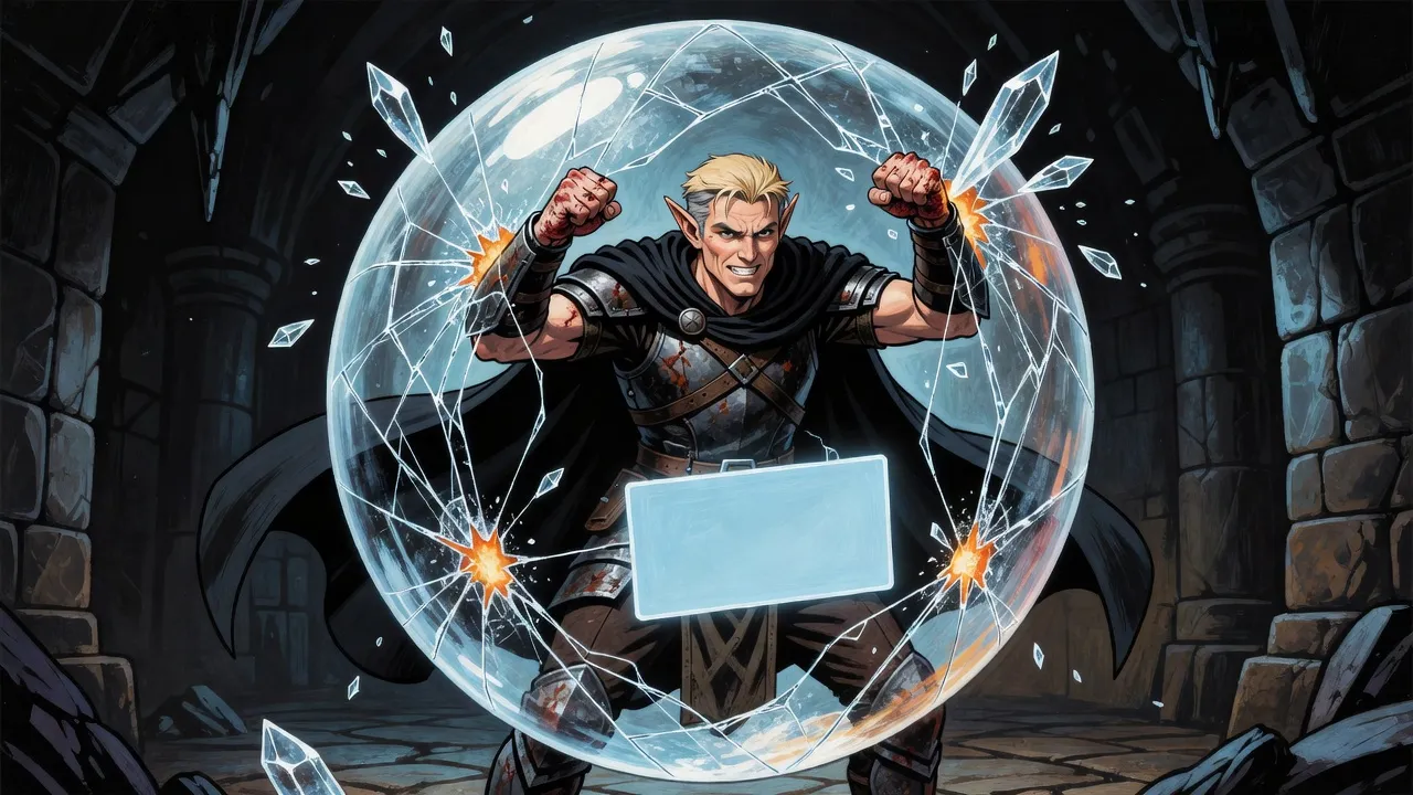 An elf in black armour pounds his fists on the inside of a cracking crystal sphere, a blank pane of blue light beside him.