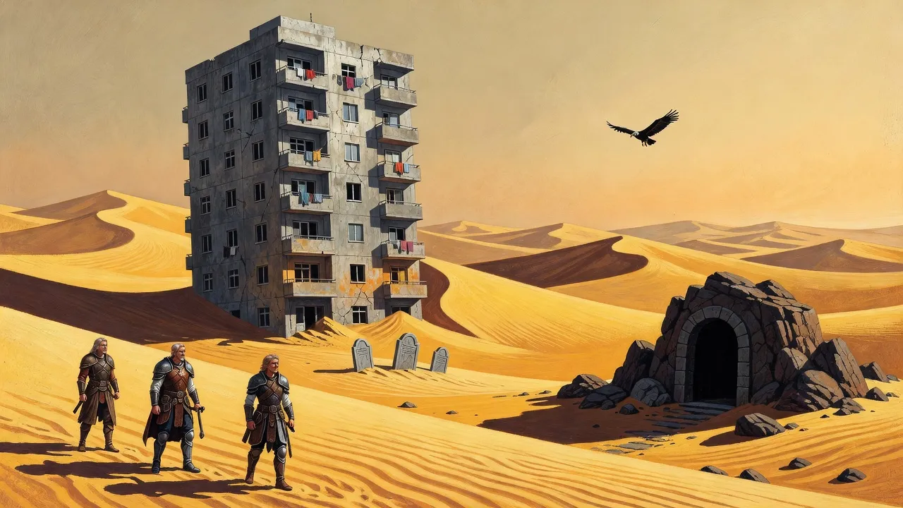 A tilted grey concrete apartment block sticks out of desert dunes, its windows dark and empty, with a dark crypt entrance among rocks nearby.