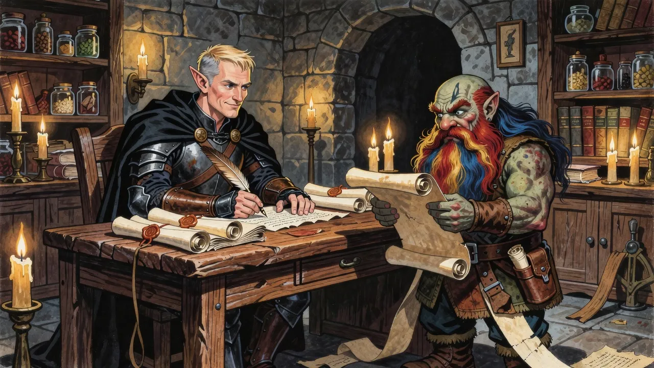 An elf in black armour signs a stack of scrolls at a desk while an undead dwarf with a three-coloured beard reads from a long list.