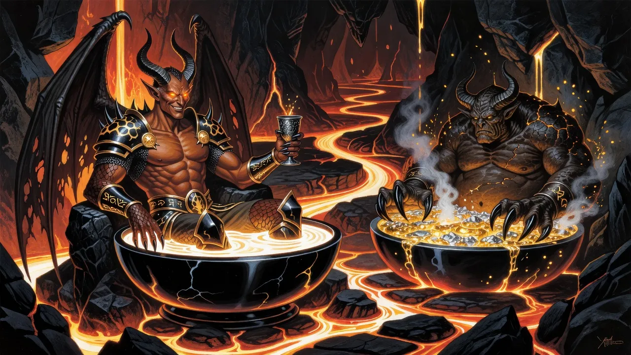 Two demon lords lounge in glowing pools of molten metal in a cavern of magma, one raising a goblet.