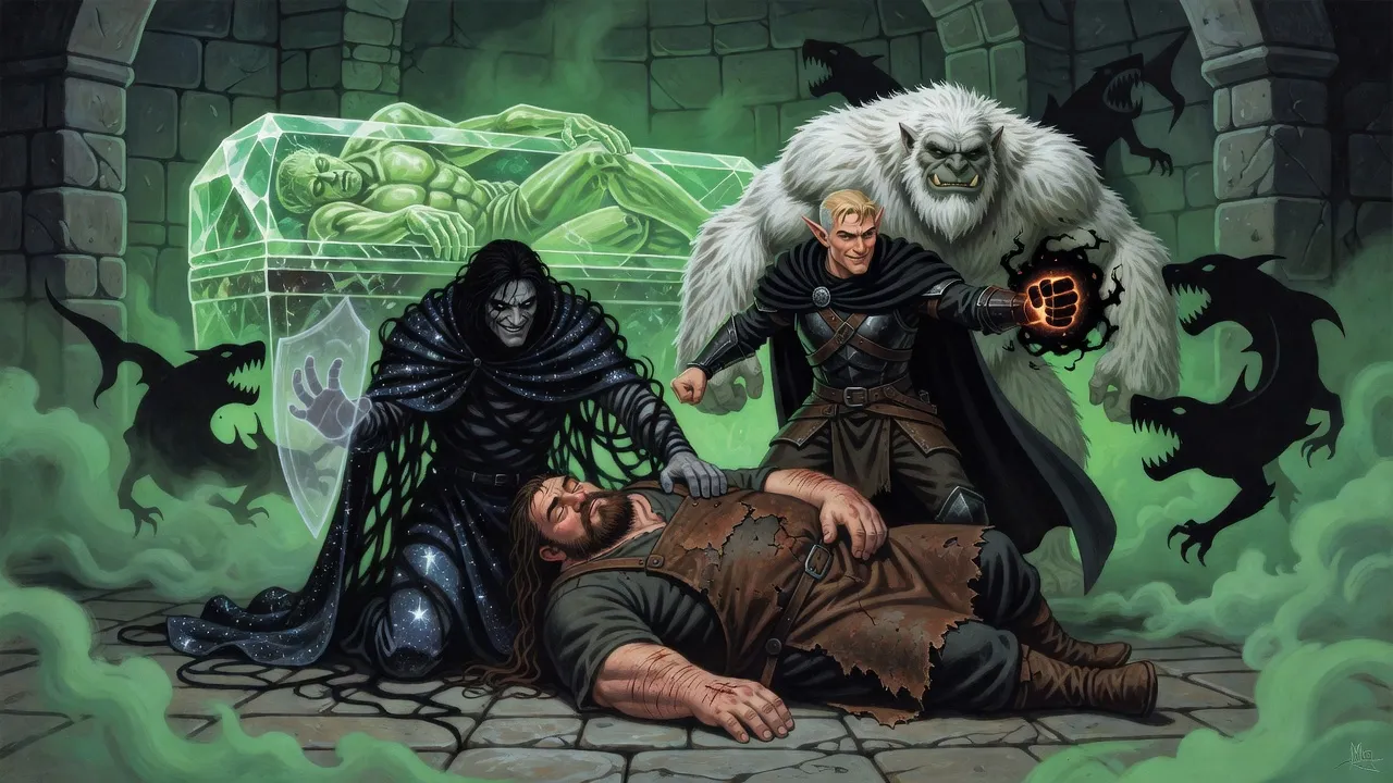 In green murk a dark god crawls dragging a heavy unconscious man past a crystal sarcophagus, while an elf hurls darkness at shark-toothed shadows and a white troll looms behind him.