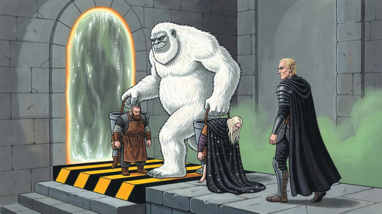A huge white troll strides toward a glowing portal carrying two limp men by their belts, one in each fist, as an elf backs after him through the fog.