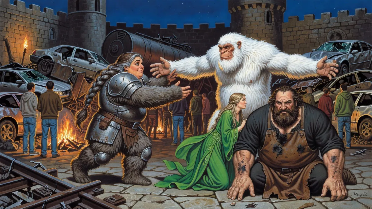 In a firelit castle courtyard heaped with crushed cars and a railway tank wagon, a troll woman runs to a white troll while a goddess in green kneels by a heavyset man sprawled senseless on the flagstones.