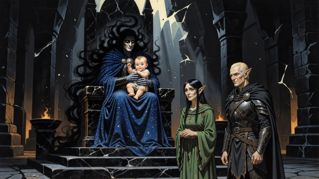 A dark god on an onyx throne holds a chubby baby who tugs at his cloak clasp, while a worn priestess in green and an elf in black armour look on.