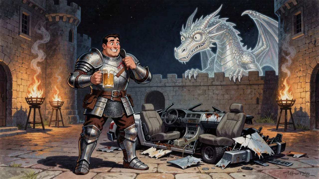 At a torchlit feast a big warrior tears at his collar in comic despair beside the plastic remains of a new car while a huge translucent dragon peers guiltily over a castle wall.