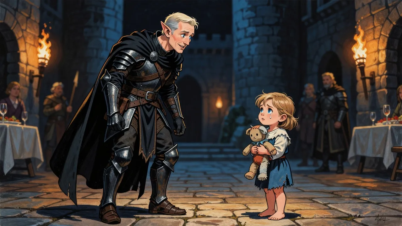 In a hushed, firelit crowd a barefoot toddler holding a rag doll looks up at an elf knight who sways as if struck.