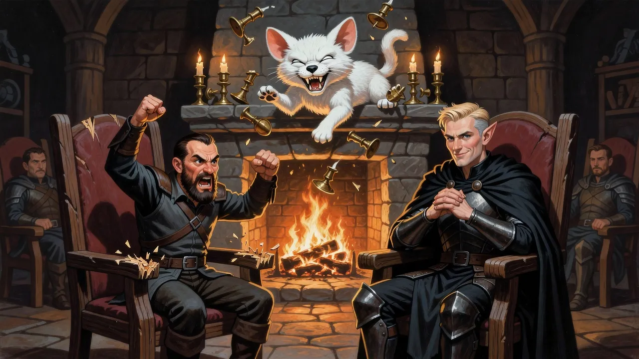 In a firelit council room a rogue half-rises holding two snapped-off chair arms while an elf sits calm and a white long-eared creature tumbles off the mantelpiece.
