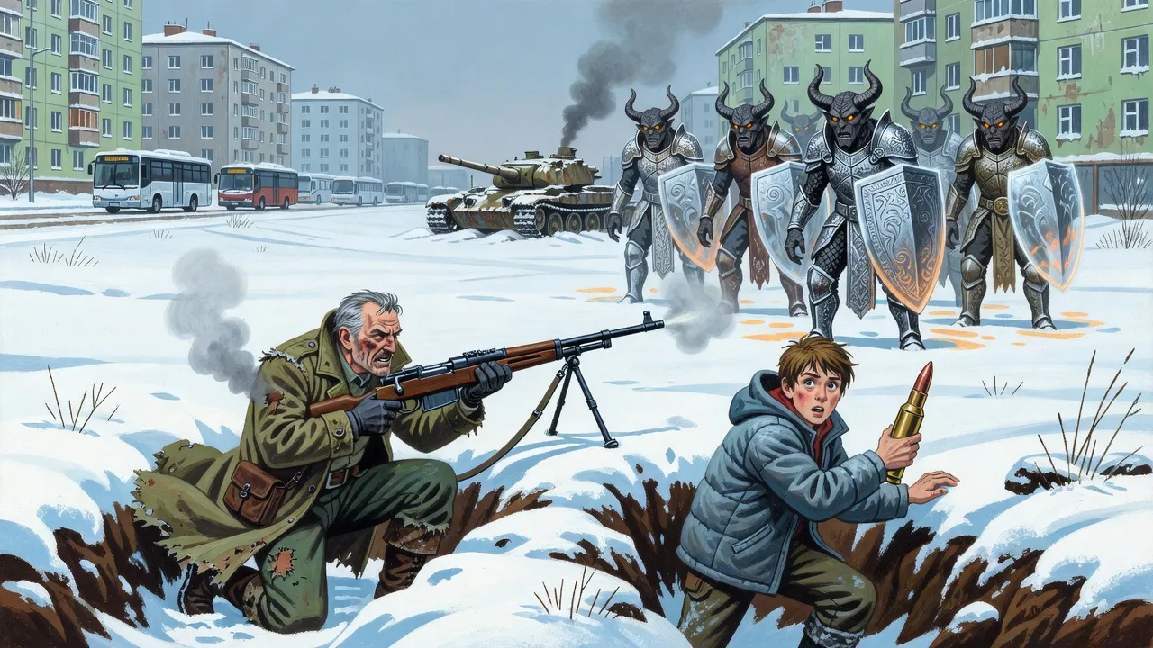 In a snowy trench by grey apartment blocks a middle-aged militiaman fires a long old anti-tank rifle while a teenage boy hands him a cartridge, as horned demons in silver armour advance across the snow.