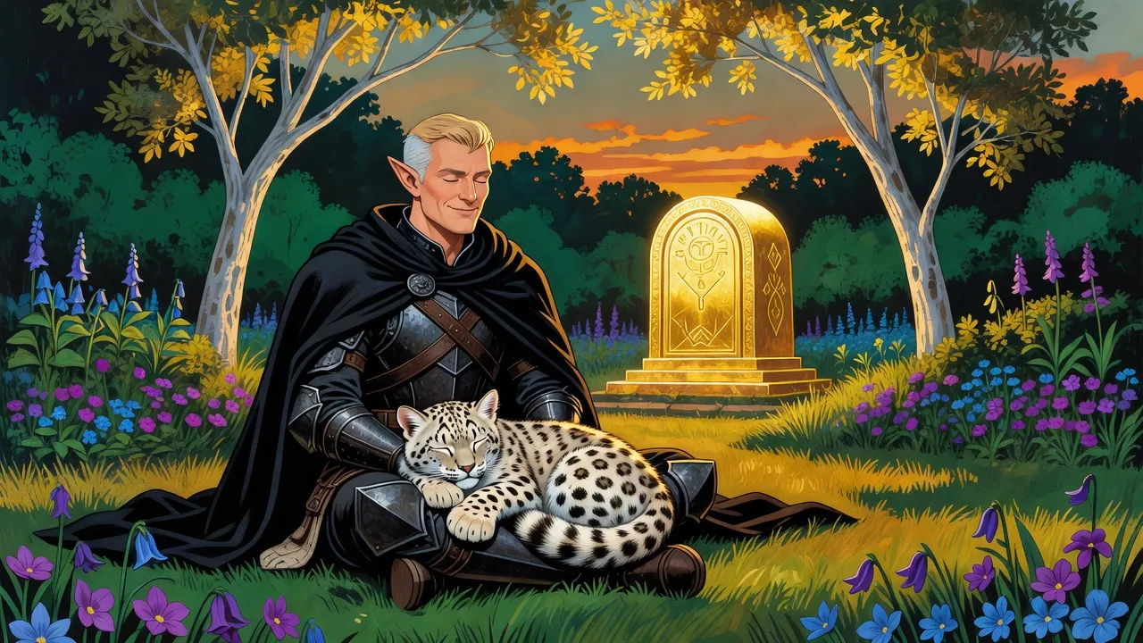 At sunset in an elven garden an elf sits cross-legged before a carved golden tomb, a spotted snow-leopard kitten asleep on his knees.