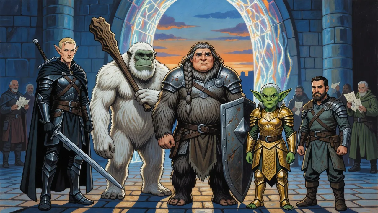 Five adventurers stand ready before a portal arch at dawn: an elf with a two-handed sword, a white troll, a troll woman with a tower shield, a goblin woman in gilded armour and a rogue in grey leathers.