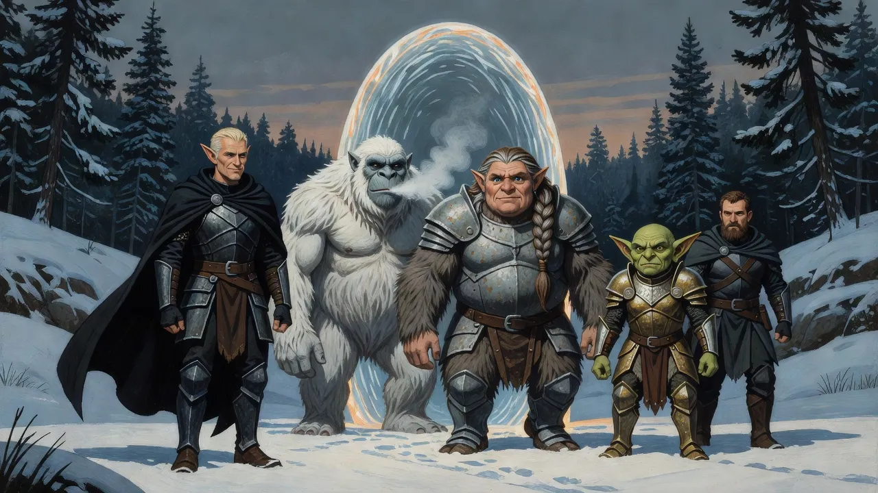 Five fantasy adventurers step out of a shimmering portal arch into a snowy wilderness at dusk.