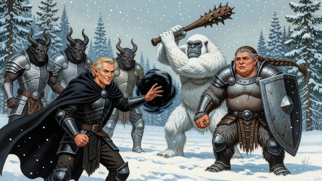 In a snowy spruce forest an elf hurls a gathering ball of black darkness at two silver-armoured demons as a white troll swings a club beside him.