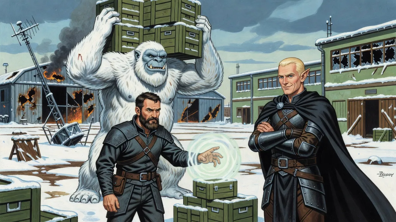 At a bombed military base a white troll shoulders a stack of crates while a rogue makes ammunition boxes vanish into a swirl of light and an elf looks on, amused.