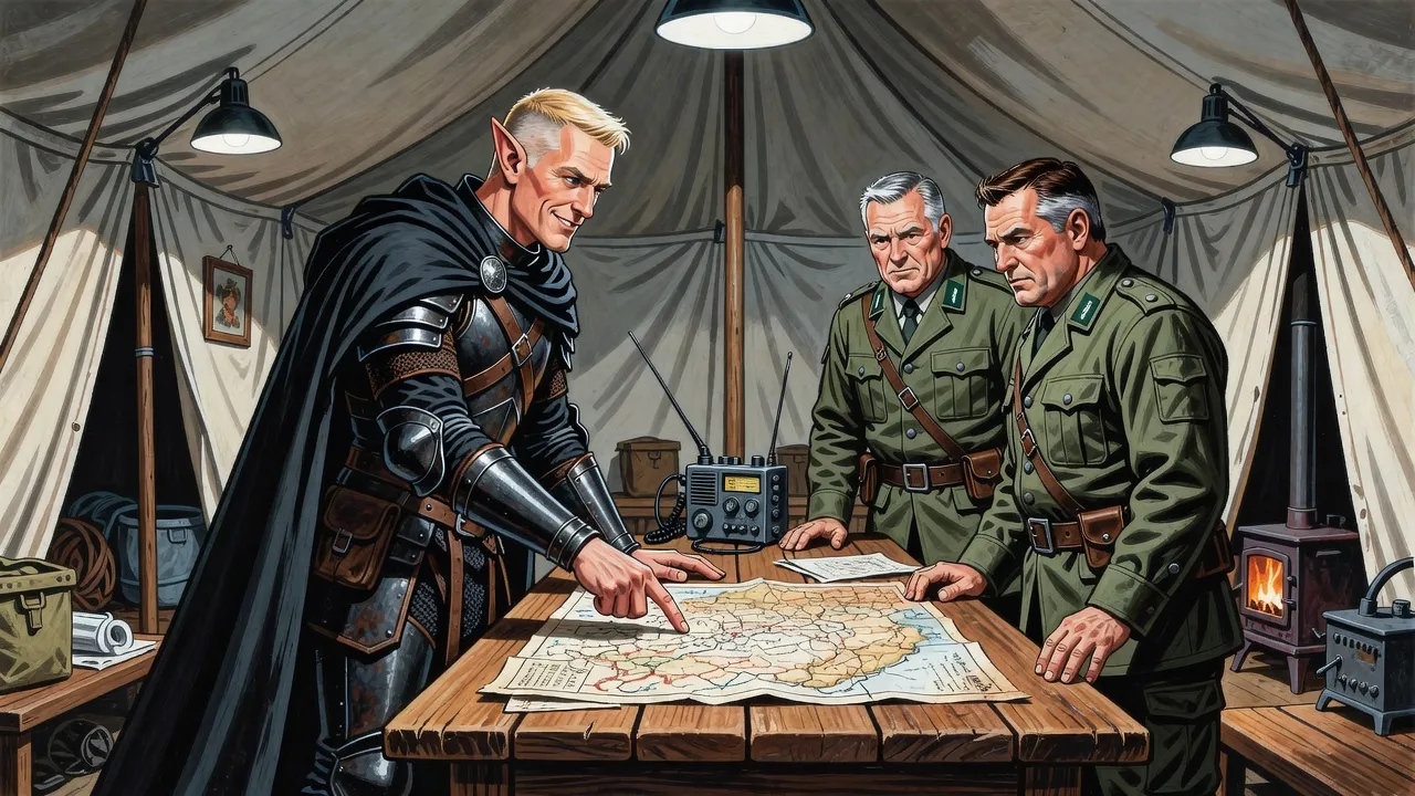 In a lamp-lit army tent an elf in black armour leans over a map table, briefing two Russian generals in olive uniforms.
