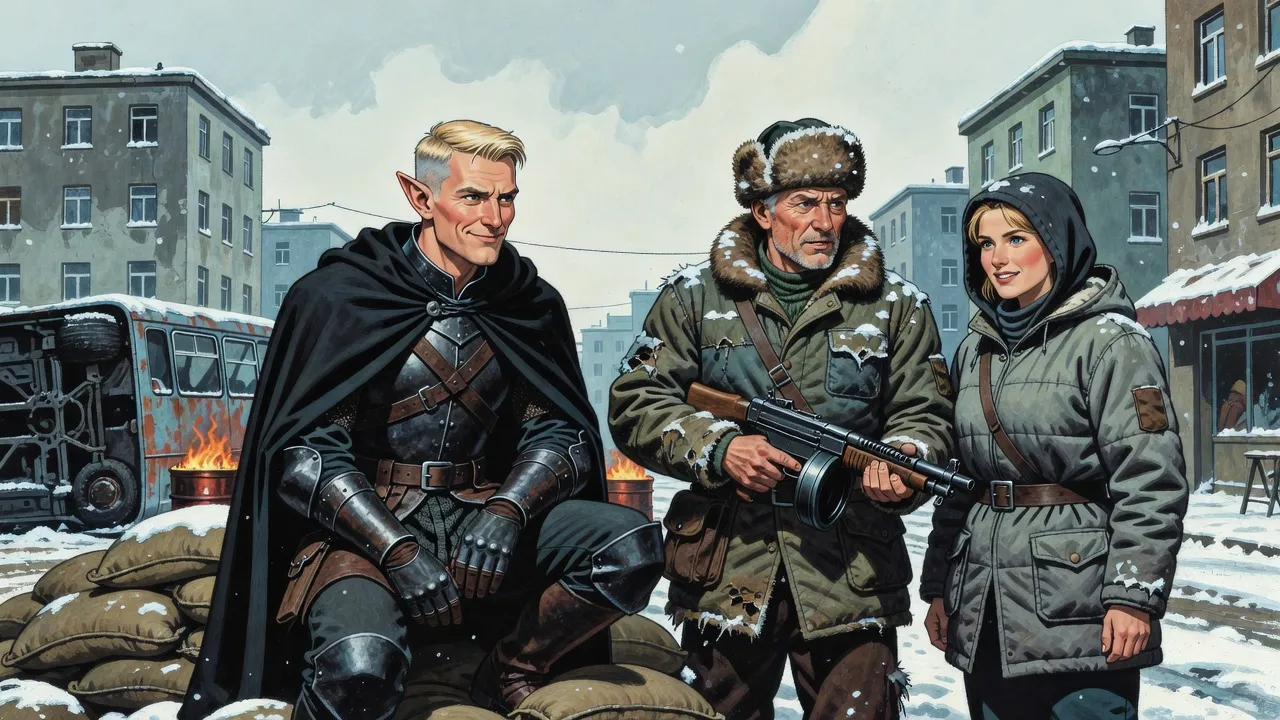 Behind a sandbag barricade on a snowy town street, an elf in black armour crouches beside an old militiaman with a drum-magazine gun and a young militiawoman.