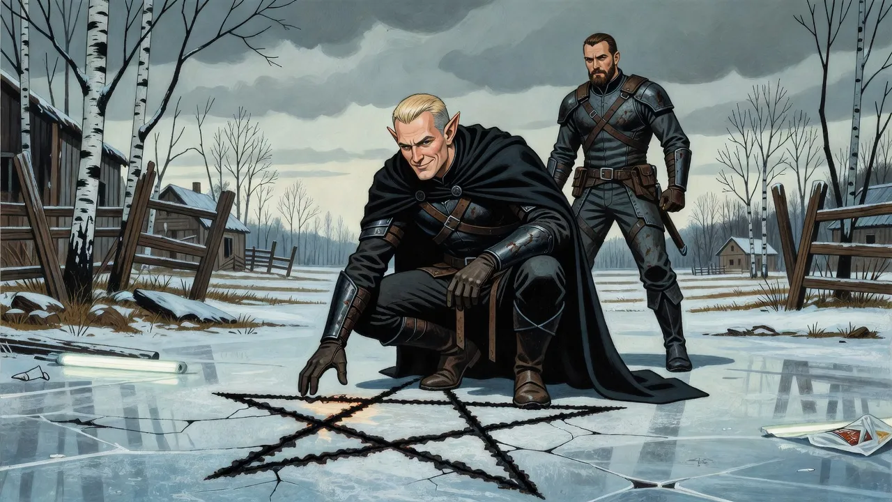 On frozen ground at the edge of a village an elf crouches over a broken five-pointed star scorched into the earth while a rogue keeps watch.