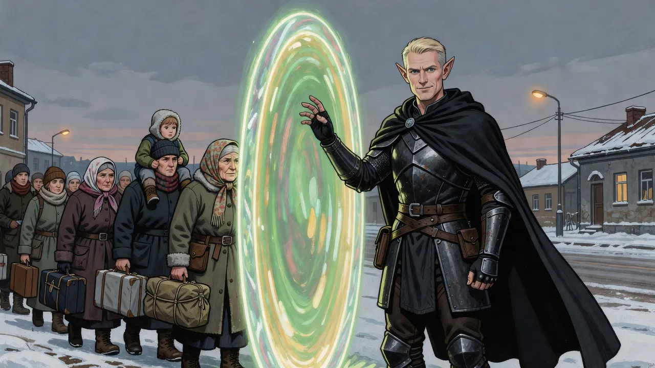 On a grey snowy town street at dusk, an elf holds open a glowing portal arch as refugees with bundles and suitcases file through it.