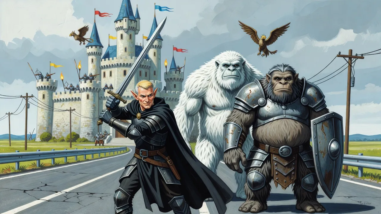 A bright storybook castle bristling with troops and circling griffins stands on a grey modern plain as an elf, a white troll and a troll woman charge toward it.