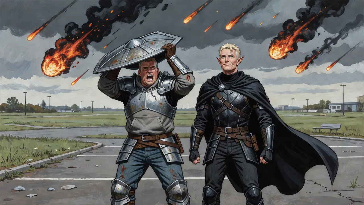 Under a sky raining flaming meteors, a big warrior in plate hauls a five-sided steel shield over his head beside an elf bracing against the fire.