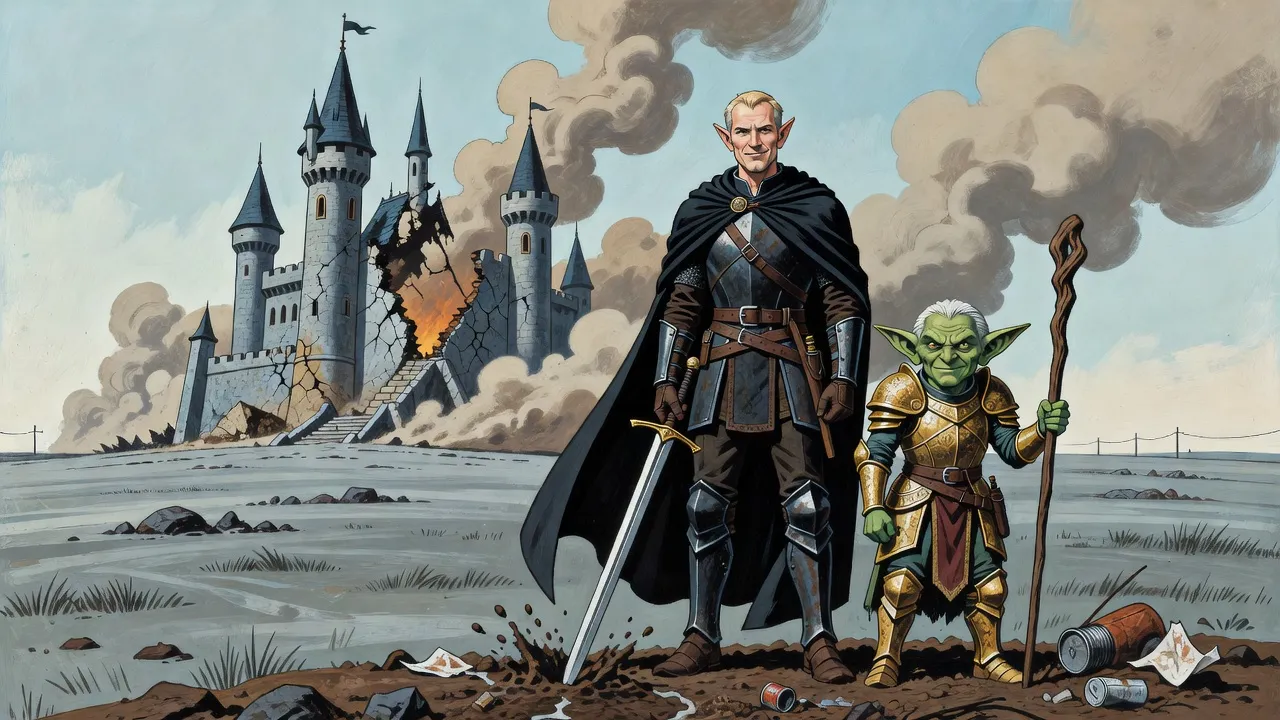 A storybook castle collapses in clouds of dust and fire while an elf stands watching with his sword point grounded and a goblin healer beside him.