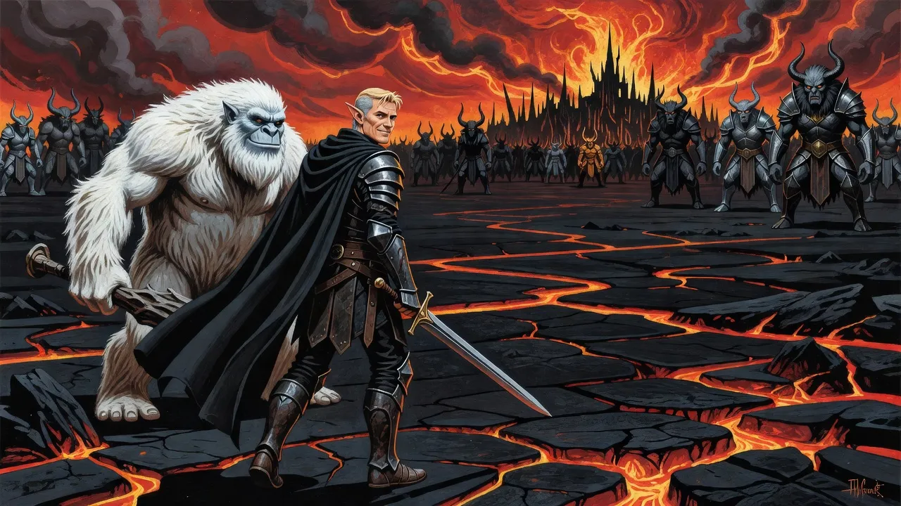 An elf in black armour strides with a huge white troll across a black basalt plain cut by lava rivers toward a distant demon horde under a burning sky.