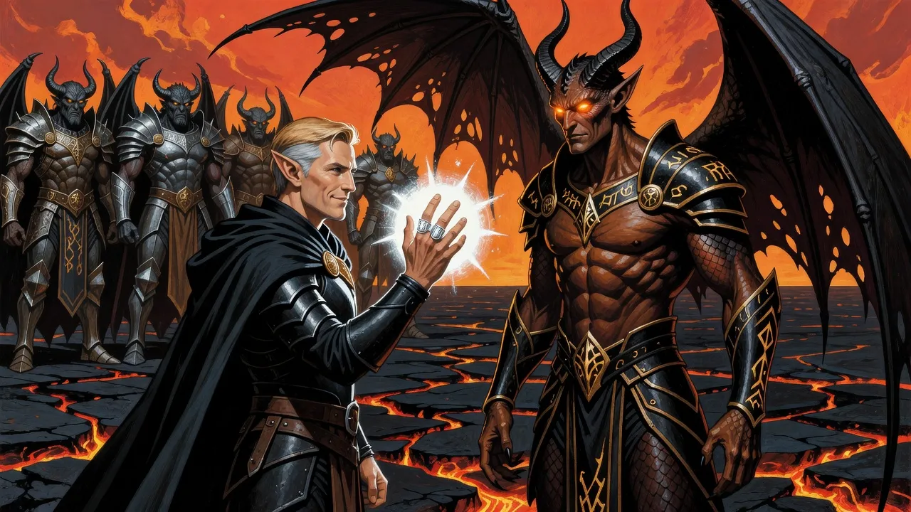 On a black basalt field an elf raises a hand on which a ring flares with blinding light, facing a winged demon lord with a horde behind him.