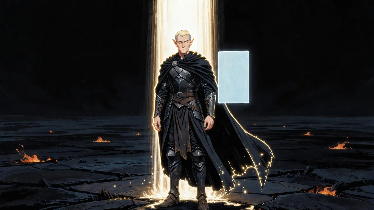 An elf in black armour stands transfigured in a column of white-gold radiance on a dark plain, a blank pane of blue light before him.