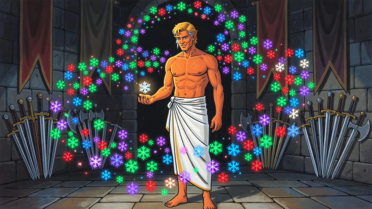 A bare-chested man in a white wrap stands in a lord’s chamber hung with banners, in a whirl of glowing snowflakes, looking at one bright flake on his palm.