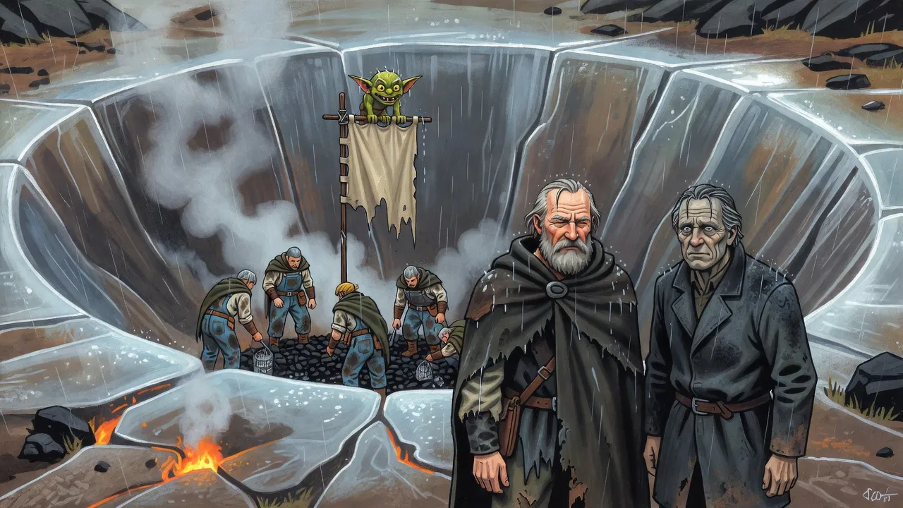 Two weary men stand at the rim of a vast glassy crater in the rain while small figures sift black rubble below.