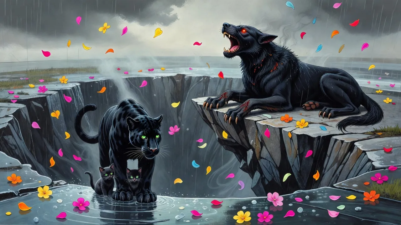 A black panther stands frozen at the edge of a steaming crater with two kittens at her paws while a black hellhound howls from a granite shard.