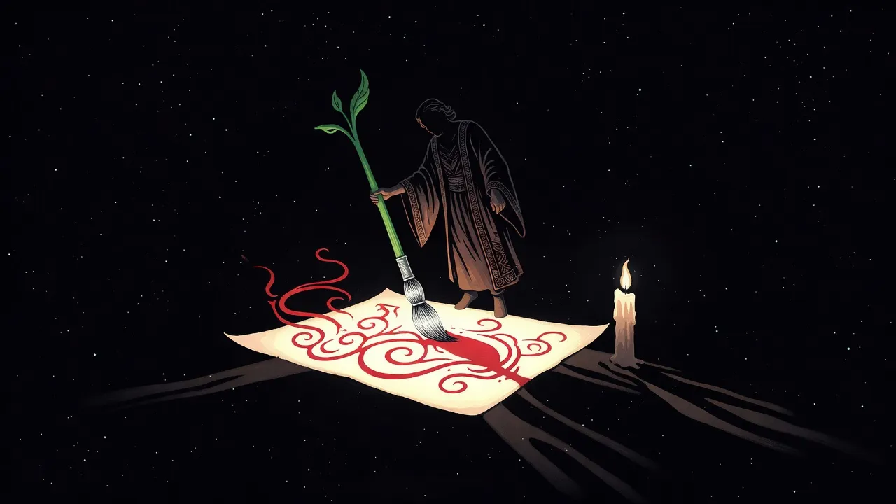 In a starry void a faceless robed figure holds a long brush over a vast glowing parchment beside a burning candle stub.