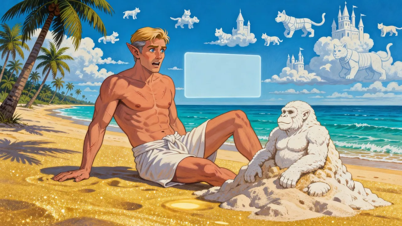 A man sitting up on a beach of gold sand stares at a huge half-formed white ape shape rising out of the sand, a pale blue pane glowing beside him.